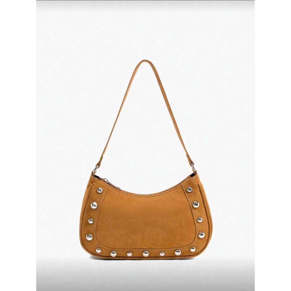 Brown faux Suede Shoulder Bag Studded Accent Hobo Style - Picture 2 of 4